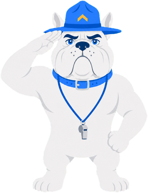 Sarge, a jowly bulldog drill instructor in a campaign hat, saluting