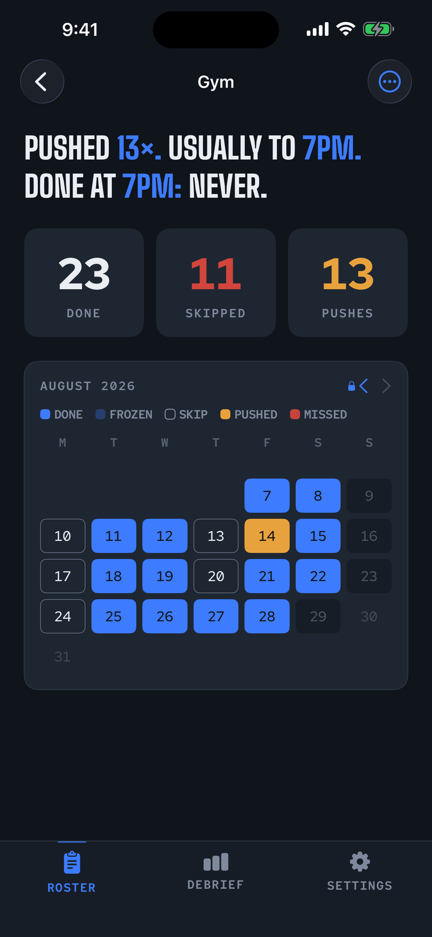 The Record screen: 23 done, 11 skipped, 13 pushes and a month heatmap