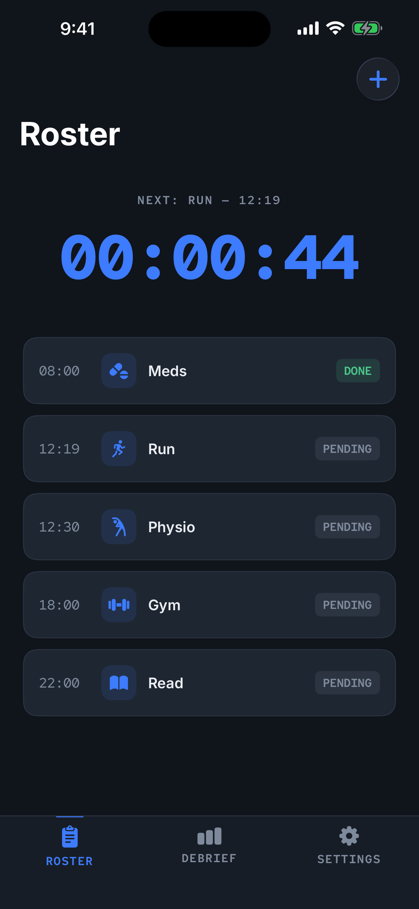 The Roster screen counting down 44 seconds to the next alarm